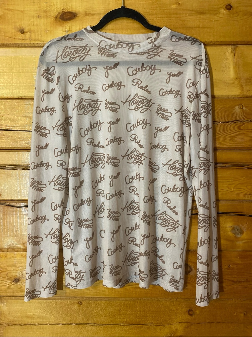 Women's Long-Sleeve White Tee with Brown Script Print
